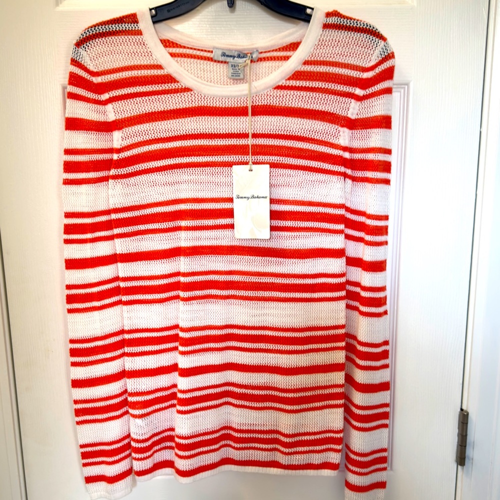NWT Tommy Bahama Open Knit Striped Sweater Top Orange White XS New